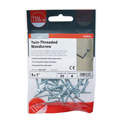 Timco Twin Threaded PZ Double Countersunk Zinc Plated Carbon Steel Woodscrews Silver 3.5mm x 25mm Pack of 35 00061CWZP