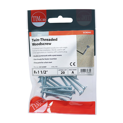 Timco Twin Threaded PZ Double Countersunk Zinc Plated Carbon Steel Woodscrews Silver 4mm x 40mm Pack of 20 08112CWZP