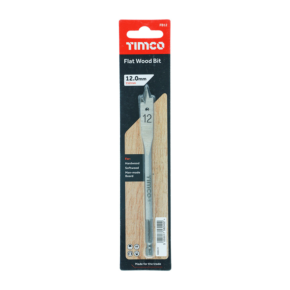 Timco Carbon Steel Flat Wood Bit Metallic Silver 12mm x 152mm FB12 | For Hardwood-Softwood and Man-made Board