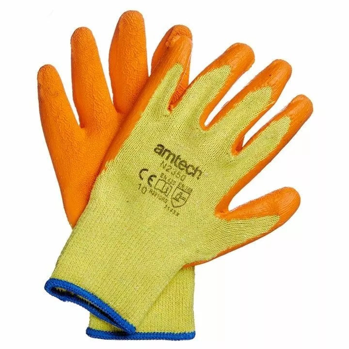 Amtech Heavy Duty Latex Coated Work Gloves Orange and Yellow XL N2350