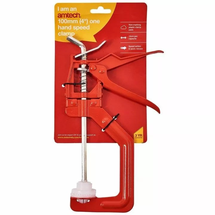 Amtech One Hand Speed Clamp Red 4-Inch D0970 | Non Marking Plastic Clamp Pads | 10cm Jaw Capacity | Speed Action and Quick Release