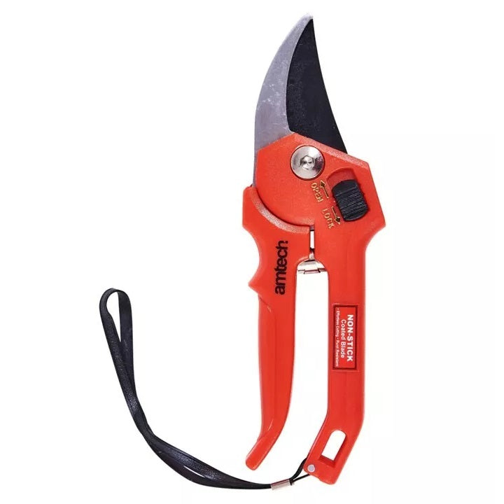 Amtech Heavy Duty Pruning Shear Red U0350 | Strong Non Stick Carbon Steel Blade | Safety Lock Switch