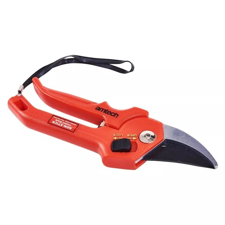Amtech Heavy Duty Pruning Shear Red U0350 | Strong Non Stick Carbon Steel Blade | Safety Lock Switch