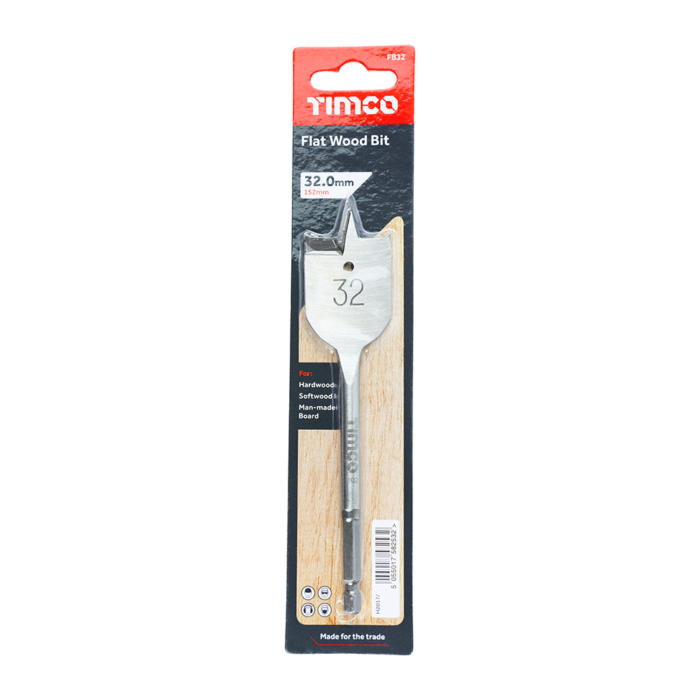 Timco Carbon Steel Flat Wood Bit Metallic Silver 32mm x 152mm FB32 | For Hardwood-Softwood and Man-made Board