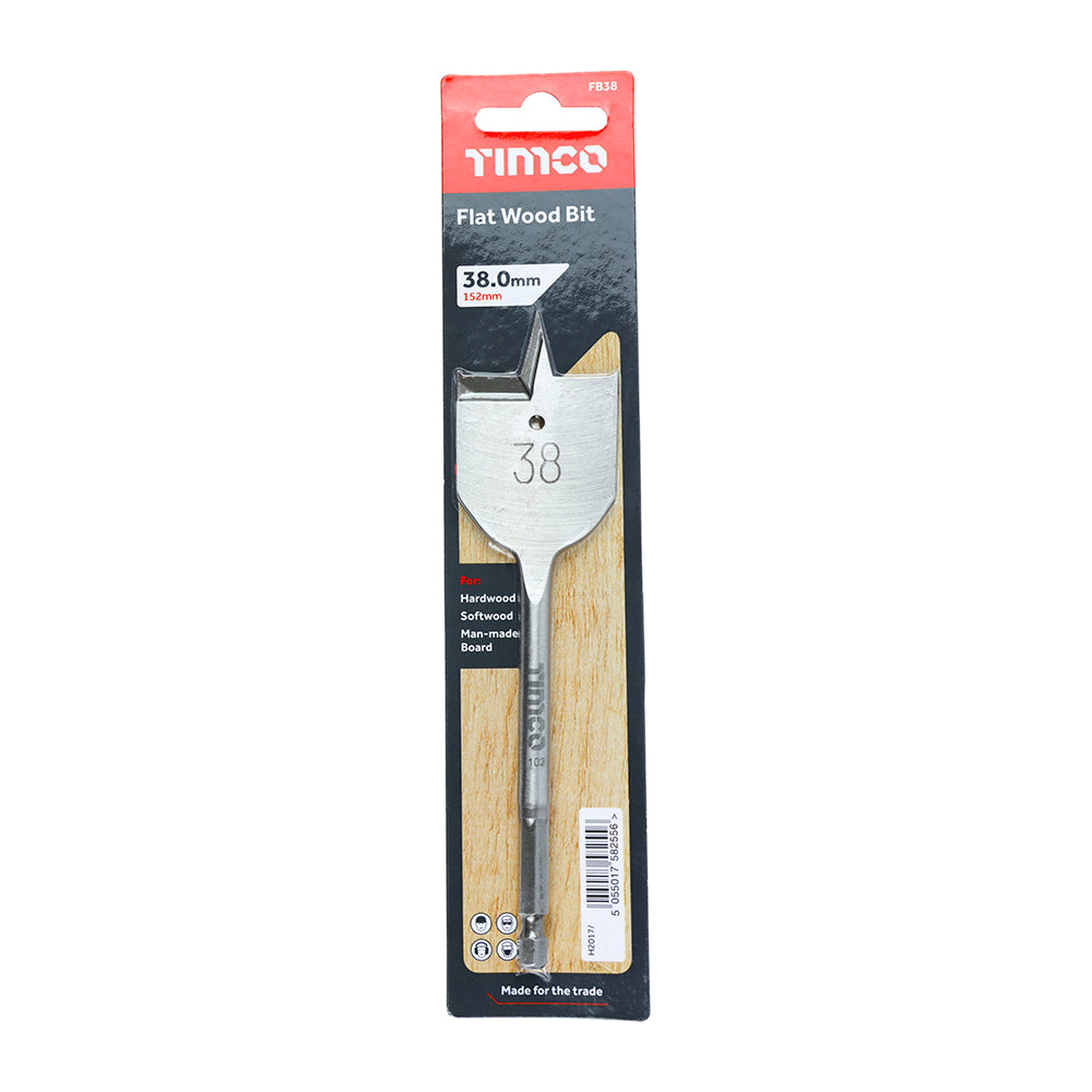 Timco Carbon Steel Flat Wood Bit Metallic Silver 38mm x 152mm FB38 | For Hardwood-Softwood and Man-made Board
