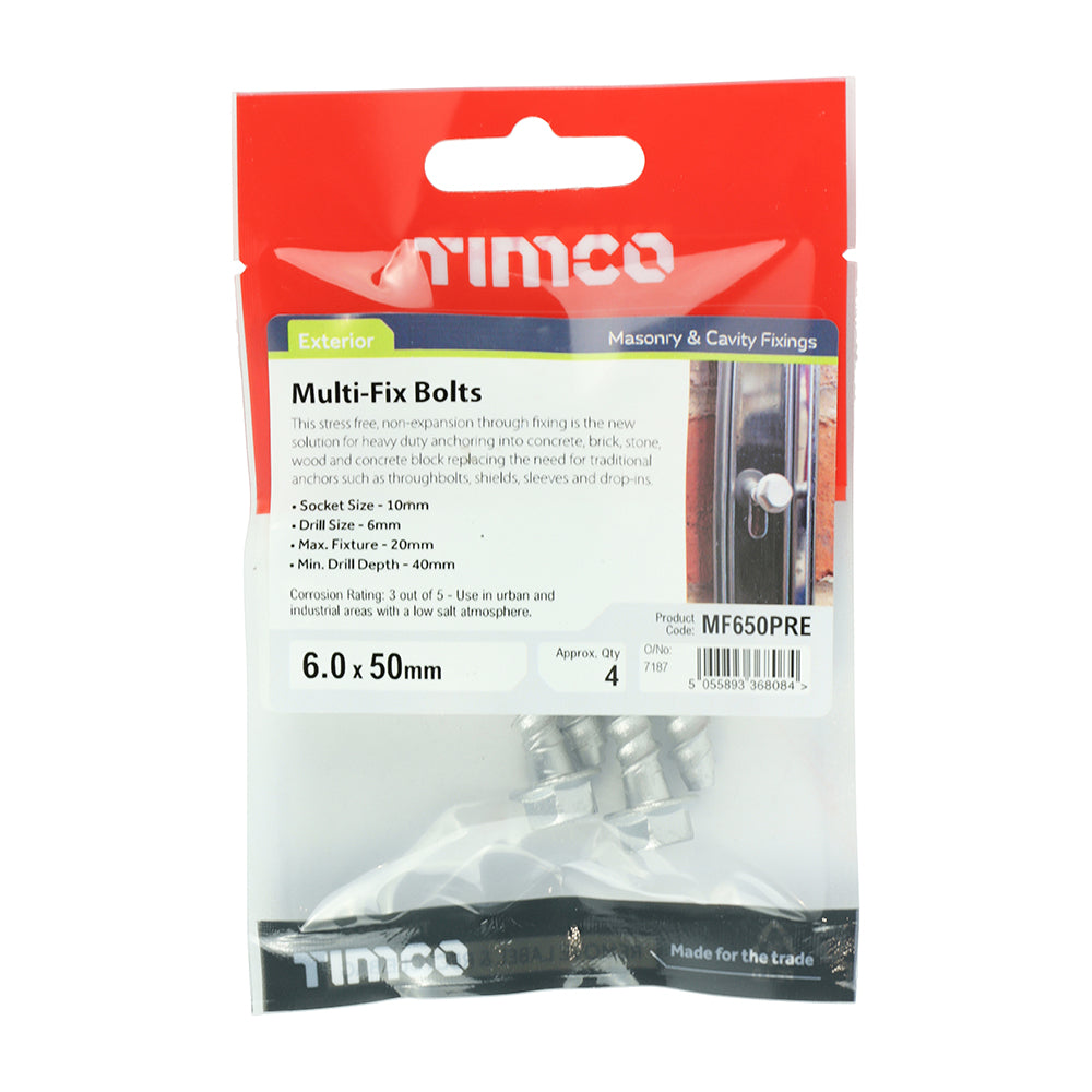 Timco Exterior Hex Flange Masonry and Cavity Multi Fix Bolts Silver 6mm x 50mm Pack of 4 MF650PRE | Socket Size - 10mm | Drill Size - 6mm | Max. Fixture - 20mm | Min. Drill Depth - 40mm