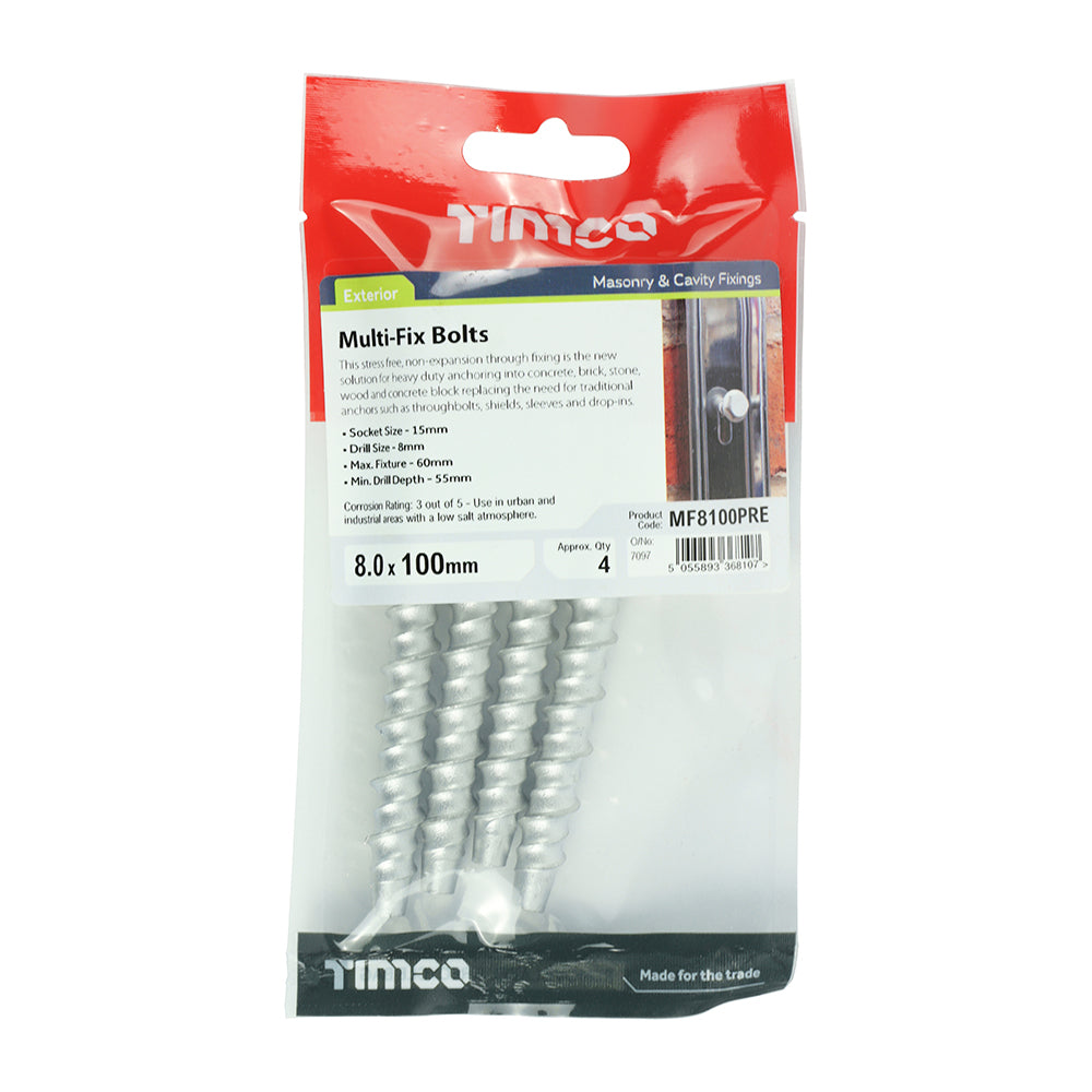 Timco Exterior Hex Flange Masonry and Cavity Multi Fix Bolts Silver 8mm x 100mm Pack of 4 MF8100PRE | Socket Size - 15mm | Drill Size - 8mm | Max. Fixture - 60mm | Min. Drill Depth - 55mm