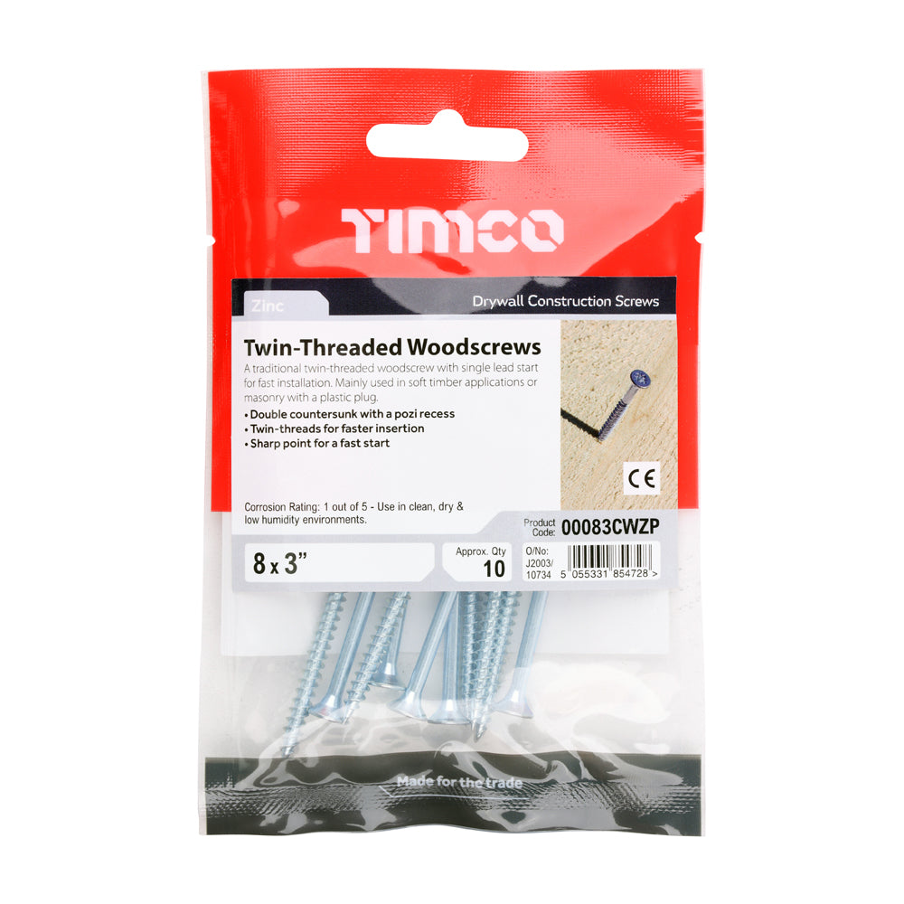 Timco Twin Threaded PZ Double Countersunk Zinc Plated Carbon Steel Woodscrews Silver 4mm x 80mm Pack of 10 00083CWZP
