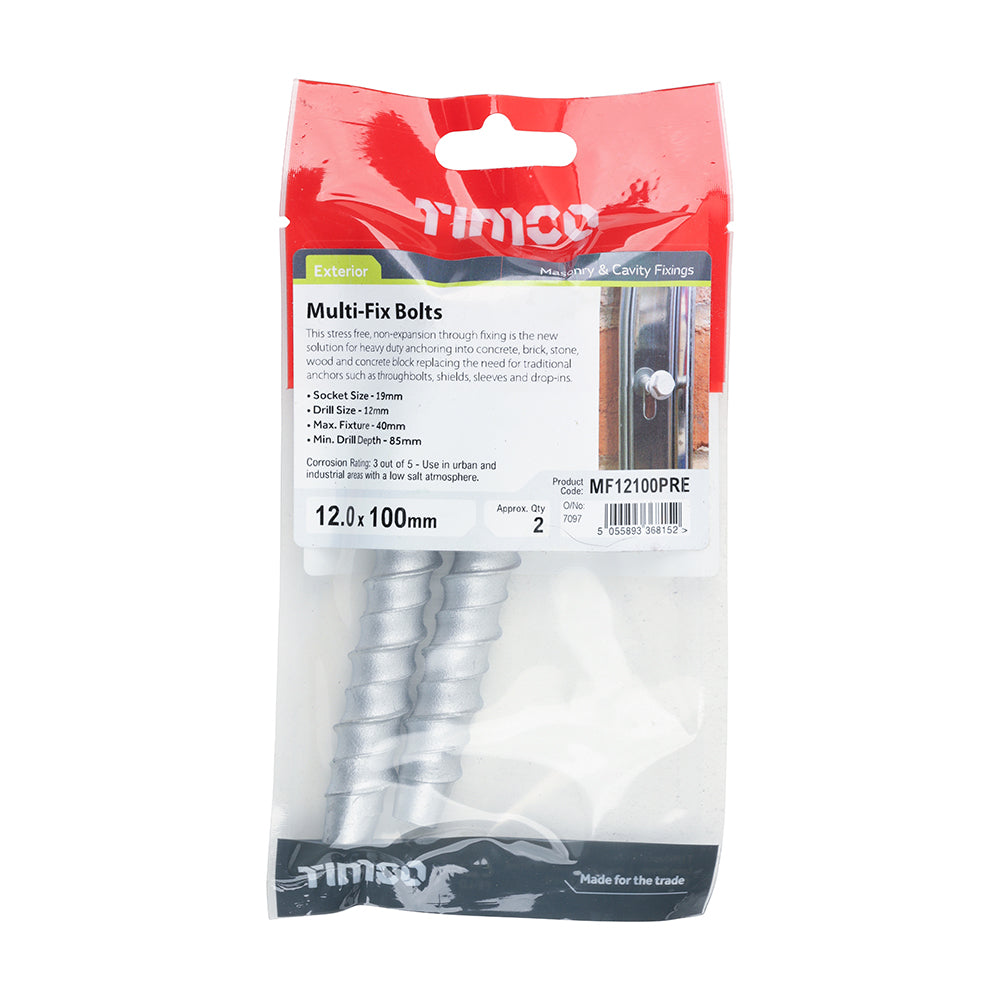 Timco Exterior Hex Flange Masonry and Cavity Multi Fix Bolts Silver 12mm x 100mm Pack of 2 MF12100PRE | Socket Size - 19mm | Drill Size - 12mm | Max. Fixture - 40mm | Min. Drill Depth - 85mm