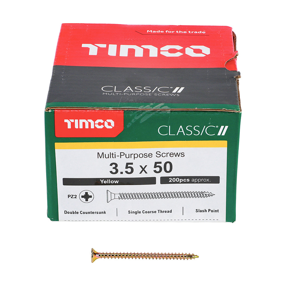 Timco Classic Multi-Purpose Double Countersunk Zinc Plated Screws Golden 3.5mm x 50mm Pack of 200 35050CLAF | Driver Bit Size - PZ2