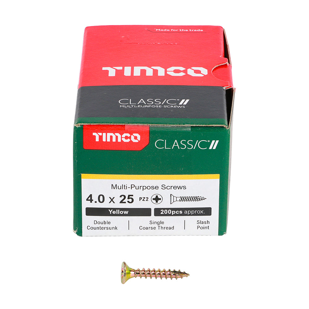 Timco Classic Multi-Purpose Double Countersunk Zinc Plated Screws Golden 4mm x 25mm Pack of 200 40025CLAF | Driver Bit Size - PZ2
