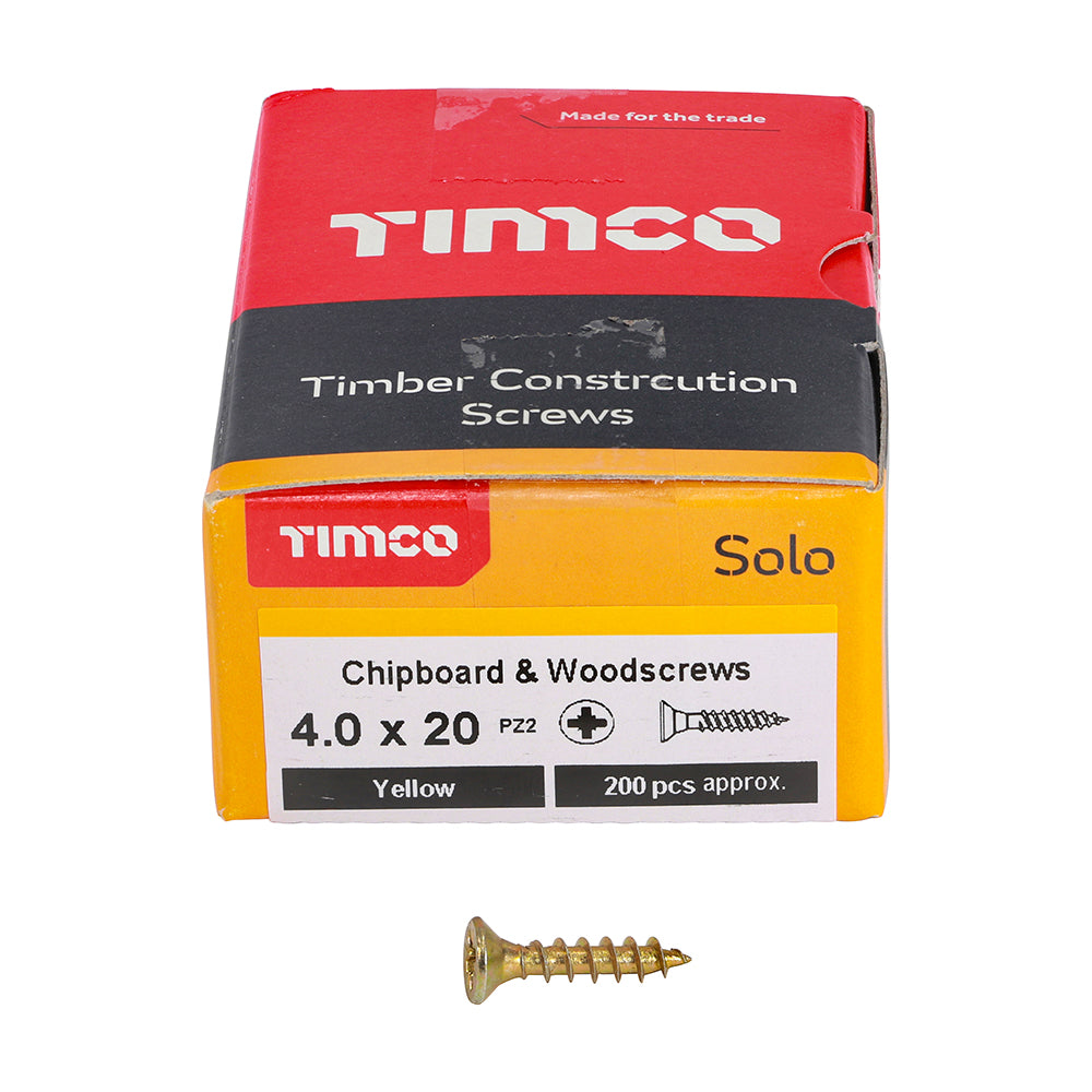 Timco Solo Zinc Plated PZ Double Countersunk Chipboard and Woodscrews Golden 4mm x 20mm Pack of 200 40020SOLOC | Driver Bit Size - PZ2