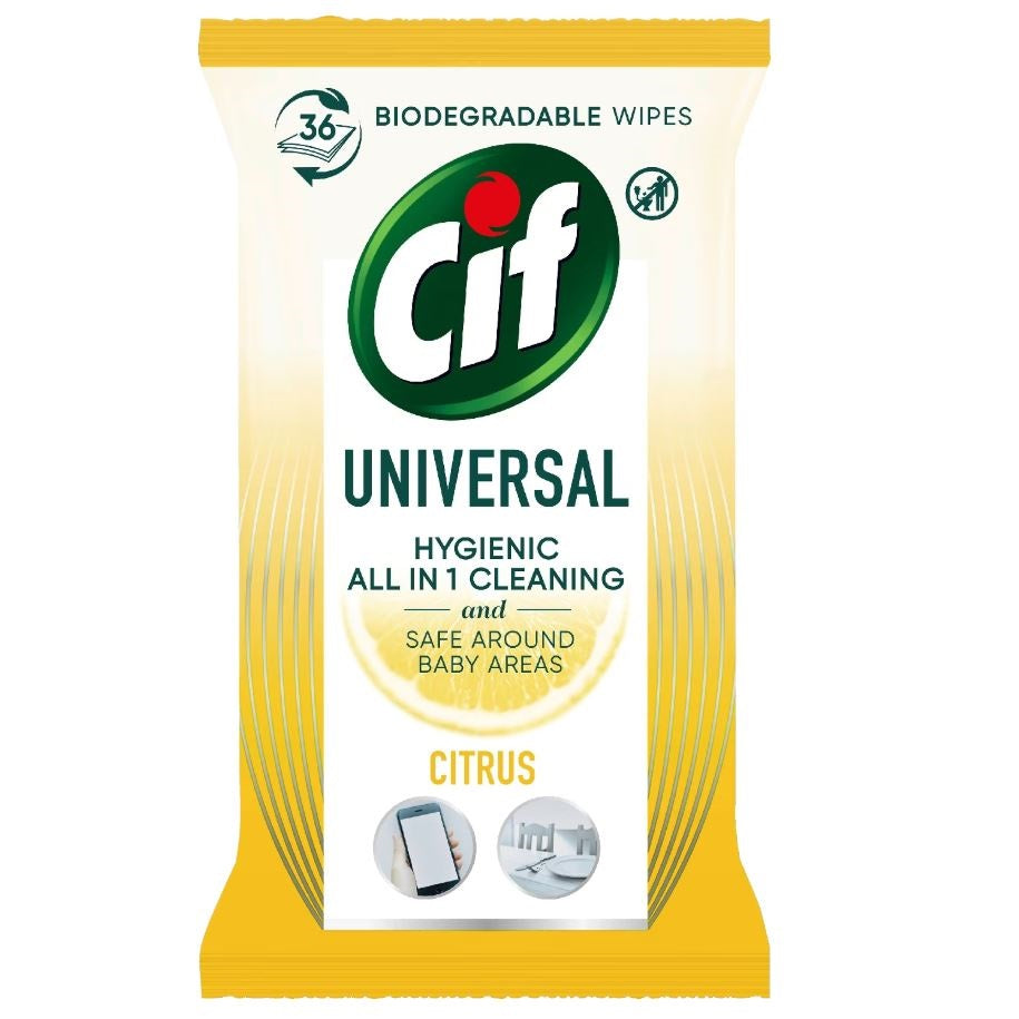 Cif Universal Biodegradable Citrus Cleaning Wipes White Pack of 36 68588167 | Hygienic | All in 1 Cleaning | Safe Around Baby Areas