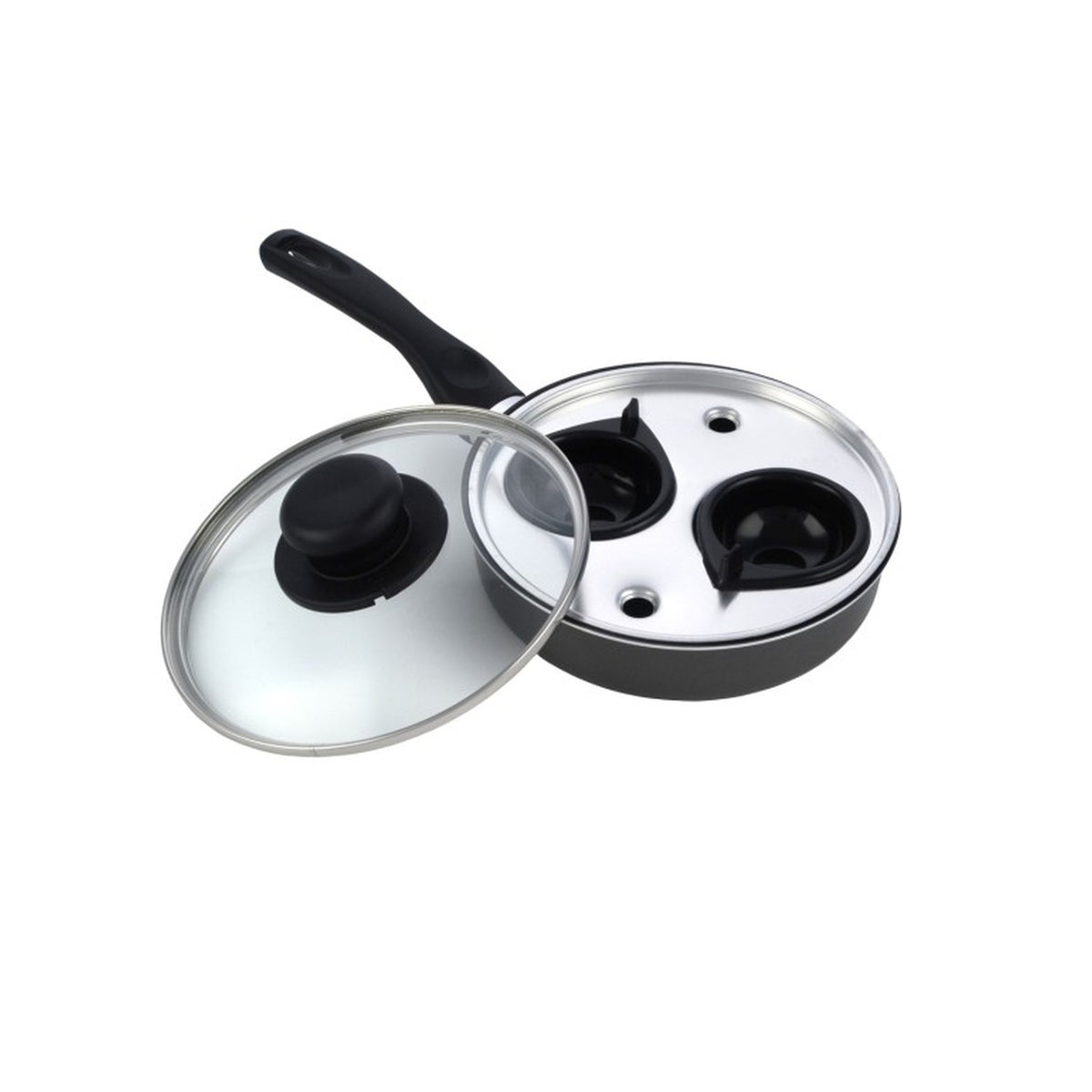 Cookclassic Hard Coat Non-Stick 2 Cup Egg Poacher Black 20cm 023 | Solid Hot Plate | Ceramic Hob | Gas Hob | Halogen Hob | Heat-Resistant Handles | Glass Lid