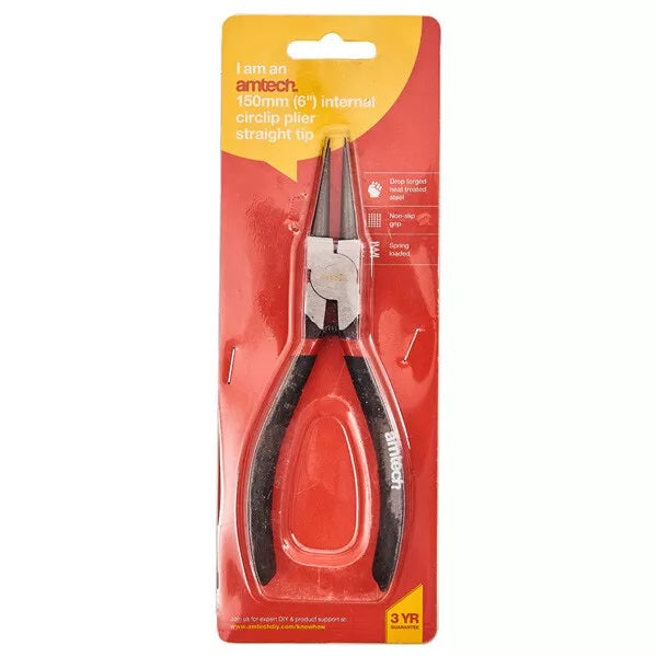 Amtech Straight Tip Internal Circlip Plier Black and Silver 6-Inch W5900 | Drop Forged Heat Treated Steel | Non Slip Grip | Spring Loaded