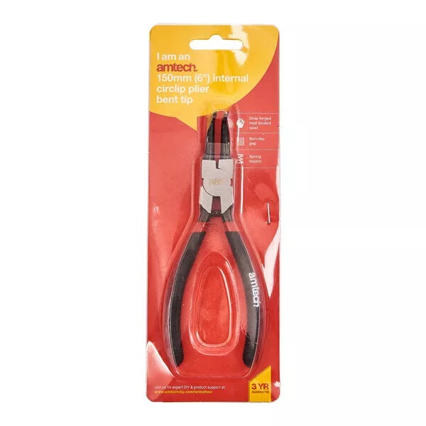Amtech Bent Tip Internal Circlip Plier Black and Silver 6-Inch W5950 | Drop Forged Heat Treated Steel | Non Slip Grip | Spring Loaded