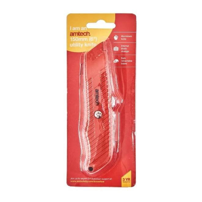 Amtech Utility Knife Red and Silver 6-Inch S0325 | Aluminium Body | Internal Blade Storage | Safe Retractable Blade