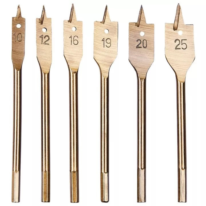 Amtech Flat Wood Bit Set Assorted 150mm Pack of 6 F1425 | Titanium Nitrade Coated Bits for a Clean Cut | Hex Drive Fitting