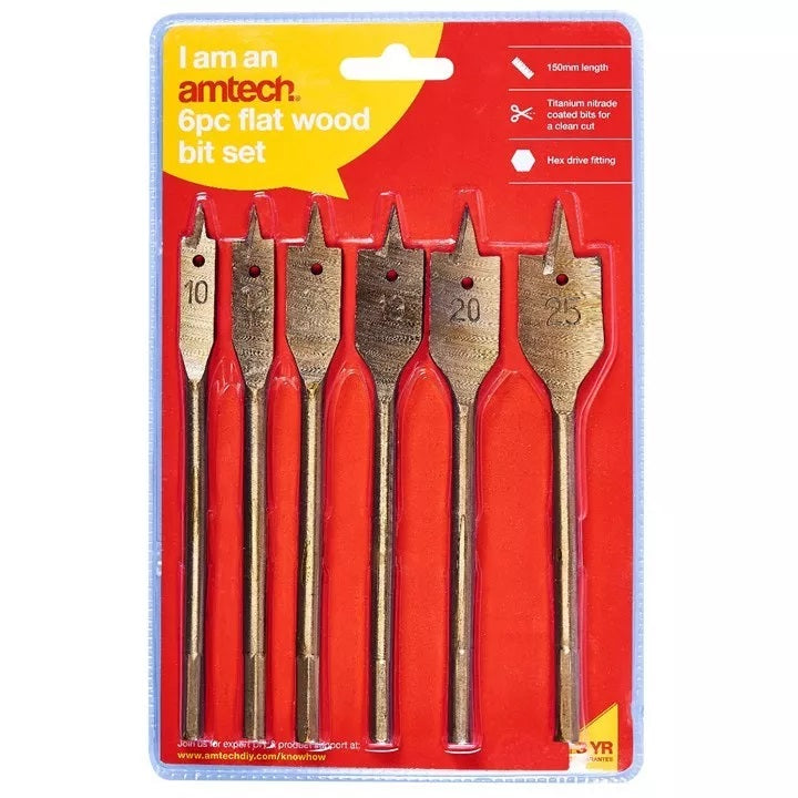 Amtech Flat Wood Bit Set Assorted 150mm Pack of 6 F1425 | Titanium Nitrade Coated Bits for a Clean Cut | Hex Drive Fitting