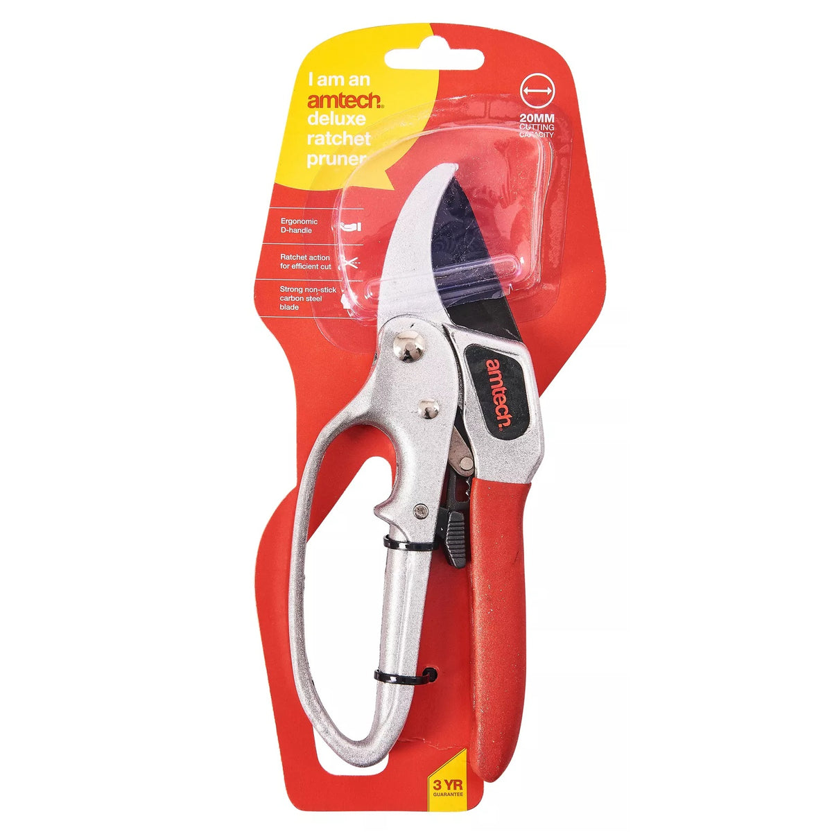 Amtech Deluxe Ratchet Pruner Red and Silver 200mm U0475 | Ergonomic D-Handle | Ratchet Action for Efficient Cut | Strong Non-Stick Carbon Steel Blade