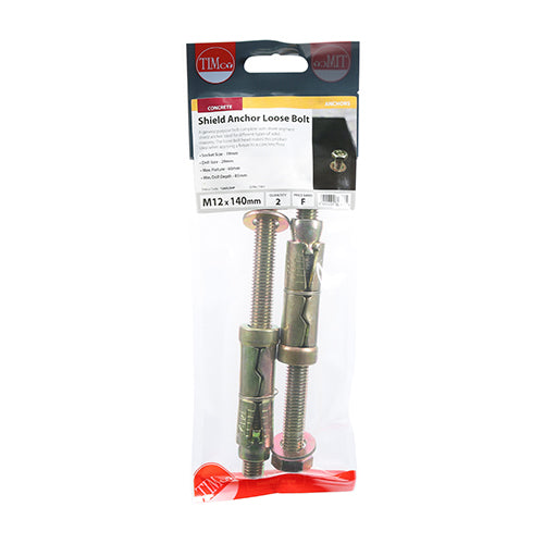 Timco Shield Anchor Carbon Steel Zinc Plated Loose Bolts Yellow M12 x 140mm Pack of 2 1260LSHP | Socket Size - 19mm