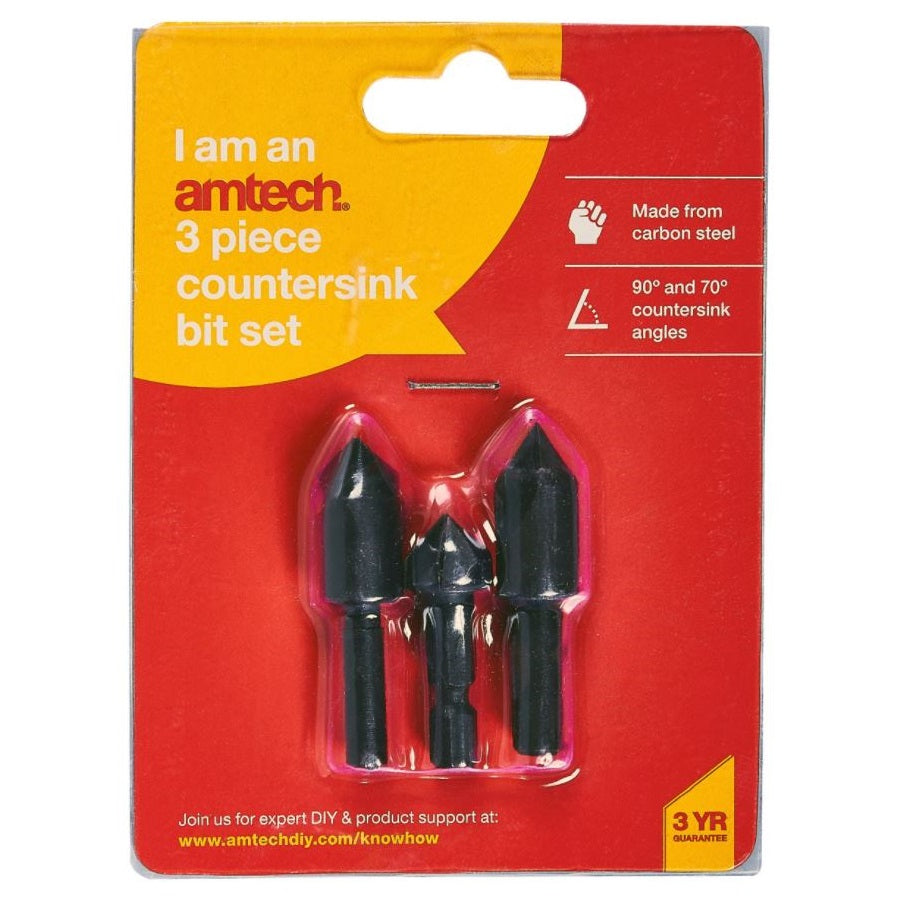 Amtech Countersink Bit Set Black Pack of 3 F0820 | Made from Carbon Steel | 90 Degree and 70 Degree Countersink Angles
