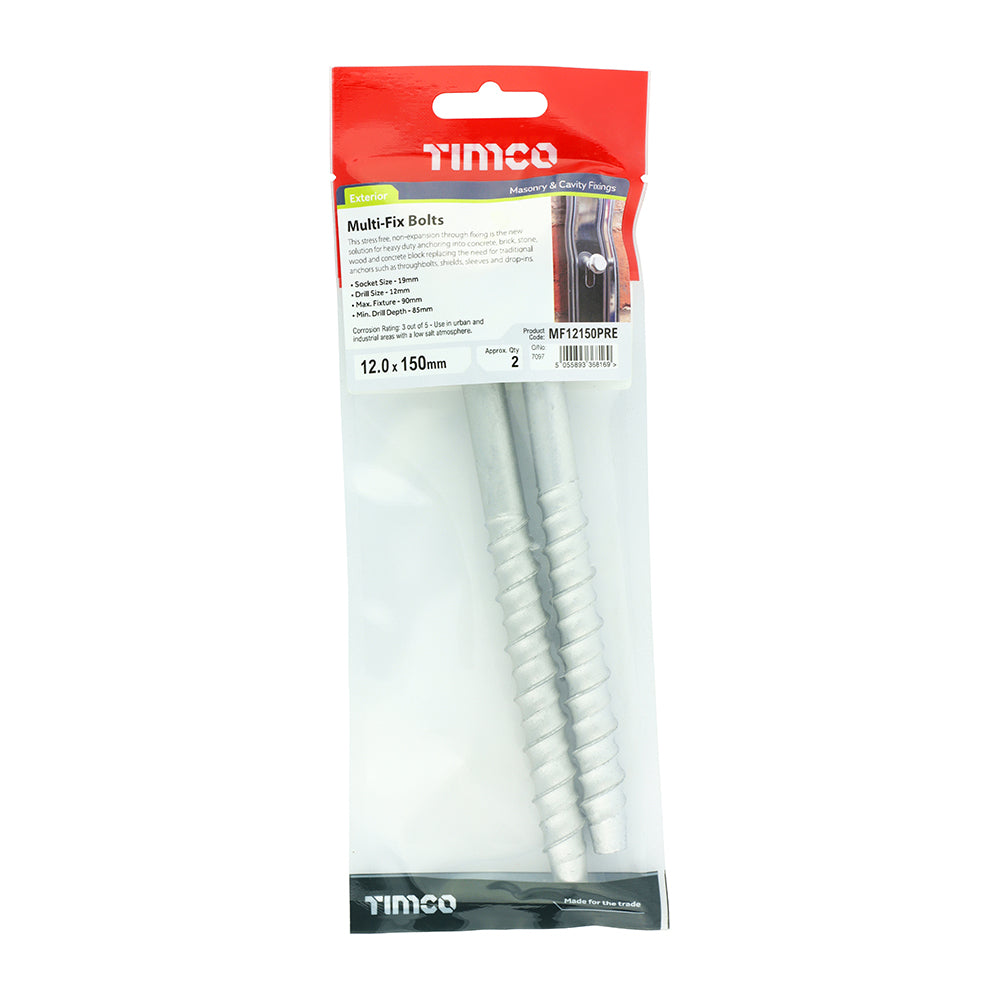 Timco Exterior Hex Flange Masonry and Cavity Multi Fix Bolts Silver 12mm x 150mm Pack of 2 MF12150PRE | Socket Size - 19mm