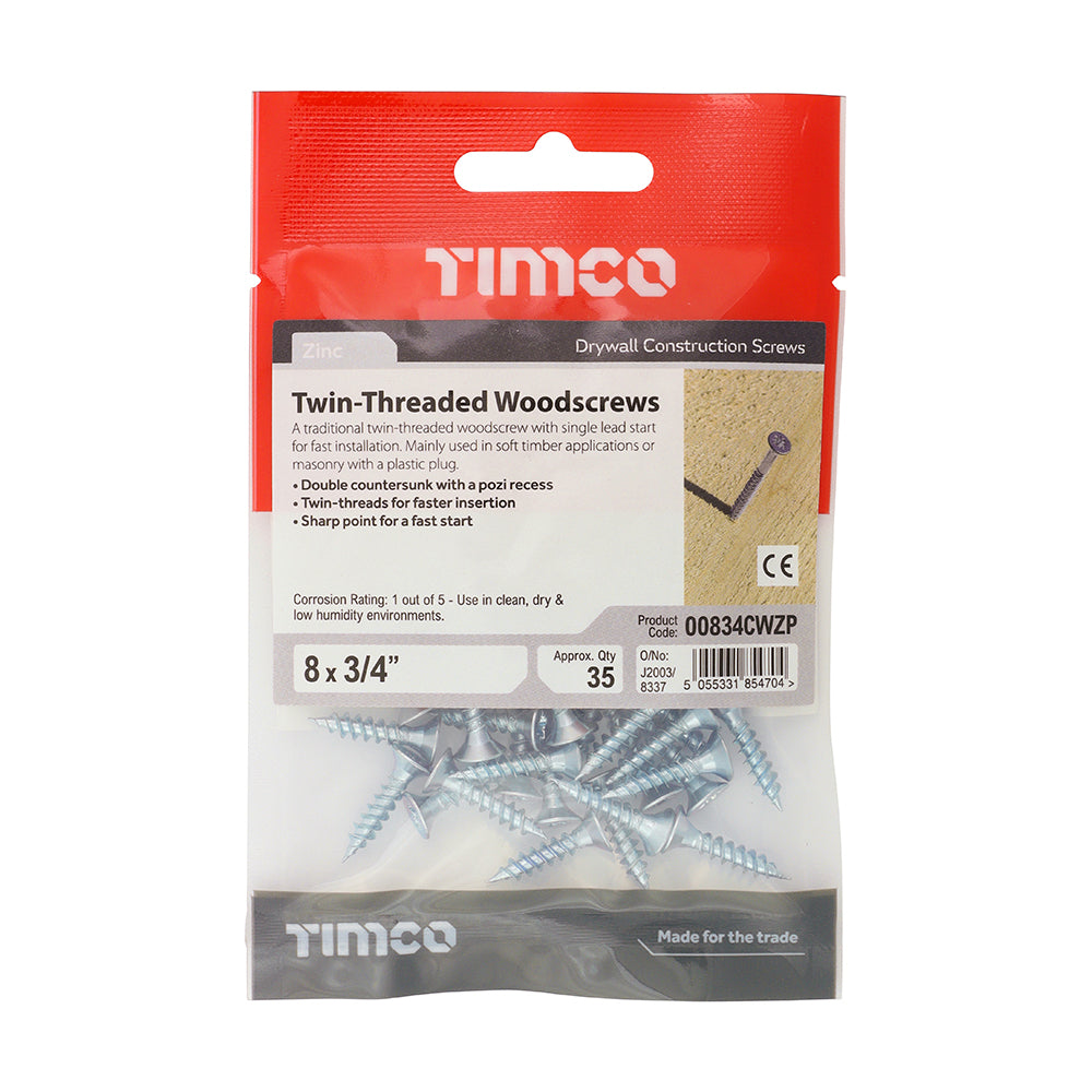 Timco Twin Threaded PZ Double Countersunk Zinc Plated Carbon Steel Woodscrews Silver 4mm x 20mm Pack of 35 00834CWZP