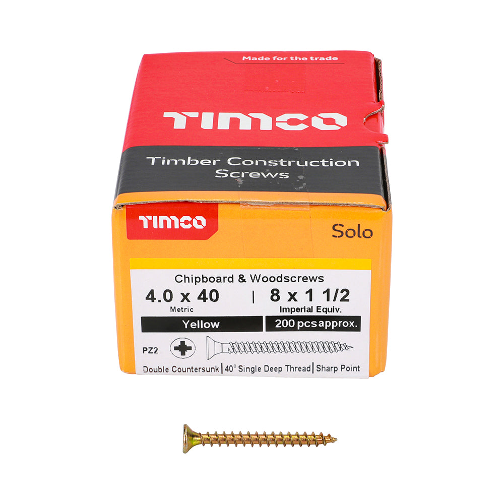 Timco Solo Zinc Plated PZ Double Countersunk Chipboard and Woodscrews Golden 4mm x 40mm Pack of 200 40040SOLOC | Driver Bit Size - PZ2