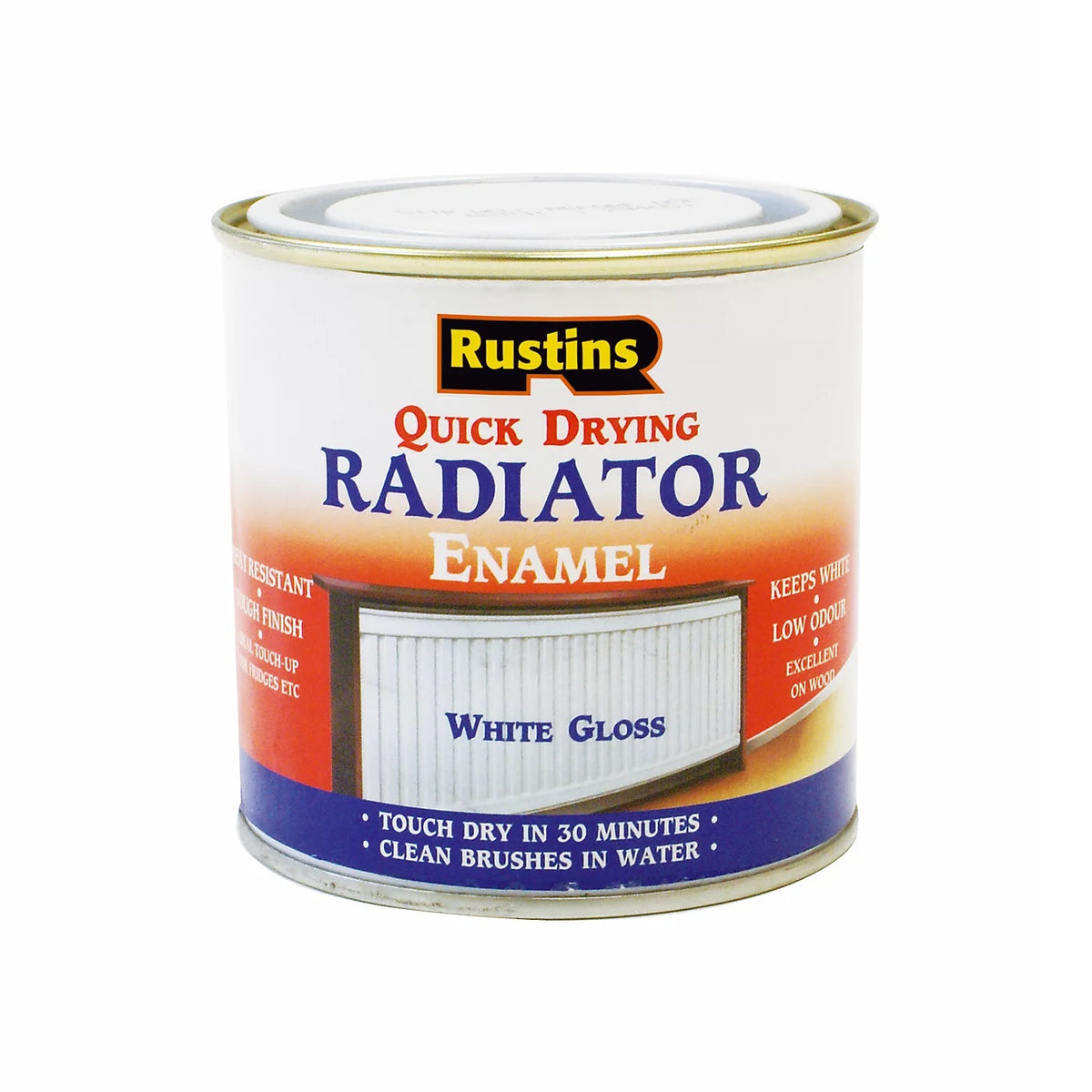 Rustins Quick Drying Radiator Enamel Paint White Gloss 250ml RADG250 | Excellent on Wood | Touch Dry in 30-Minutes | Low Odour | Heat-resistant