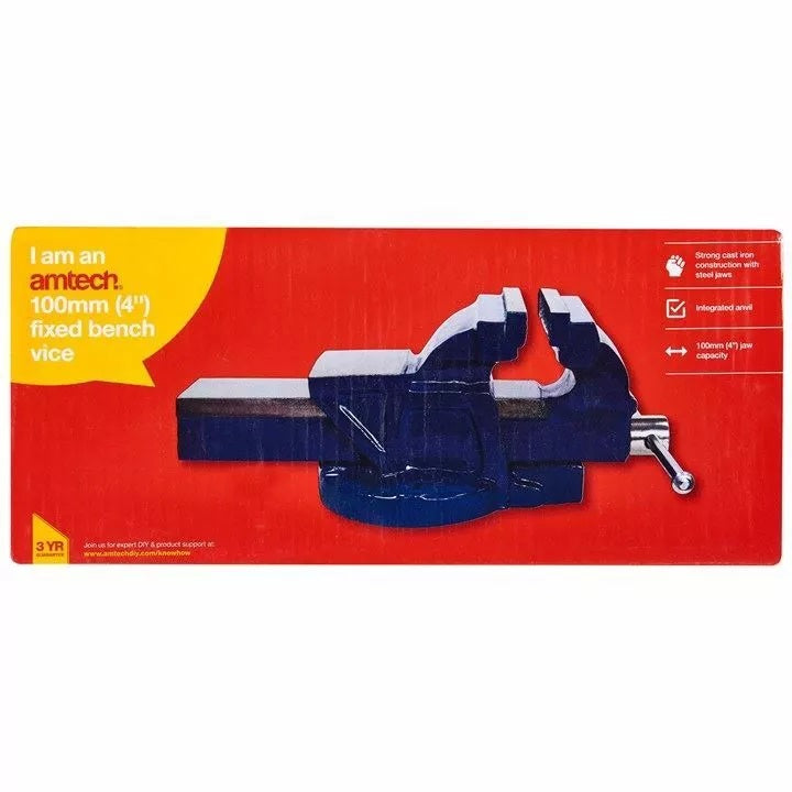 Amtech Fixed Bench Vice Blue and Metallic Silver 4-Inch D4250 | Strong Cast Iron Construction with Steel Jaws | Integrated Anvil