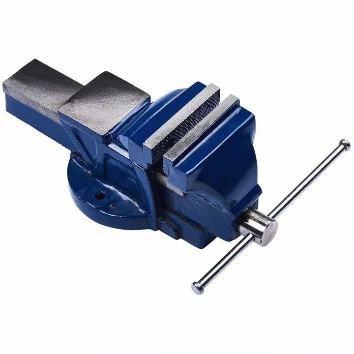 Amtech Fixed Bench Vice Blue and Metallic Silver 4-Inch D4250 | Strong Cast Iron Construction with Steel Jaws | Integrated Anvil