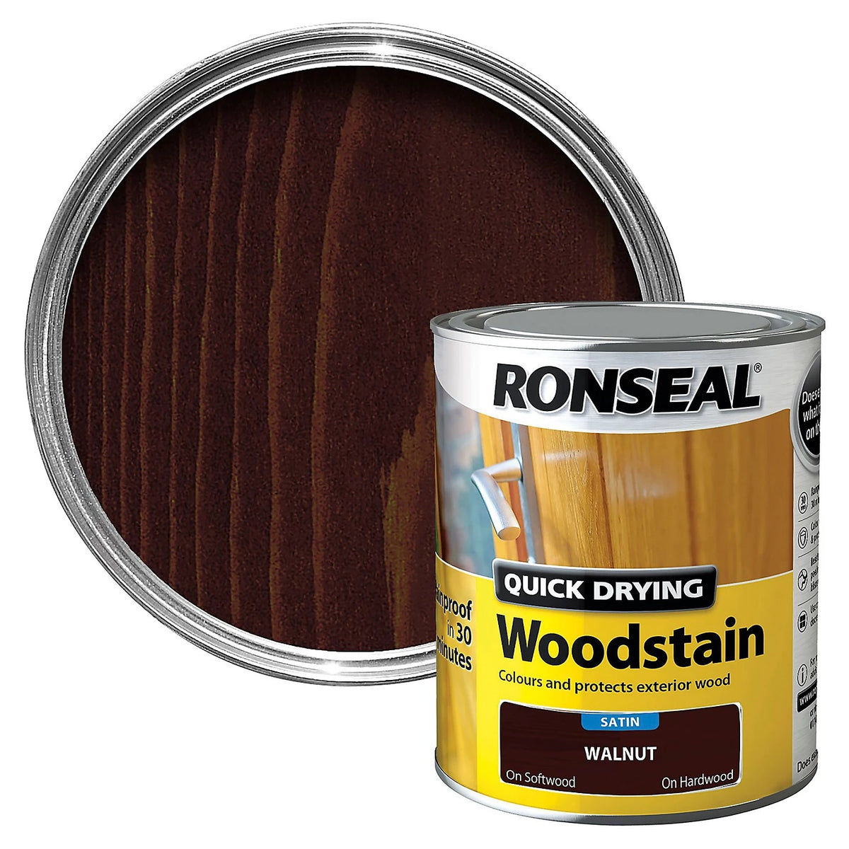 Ronseal Quick Drying Woodstain Paint Satin Finish Walnut 750ml 36331 | Waterproof and Protects Exterior Wood | Resists Cracking â€“ Peeling and Blistering | For Softwood and Hardwood