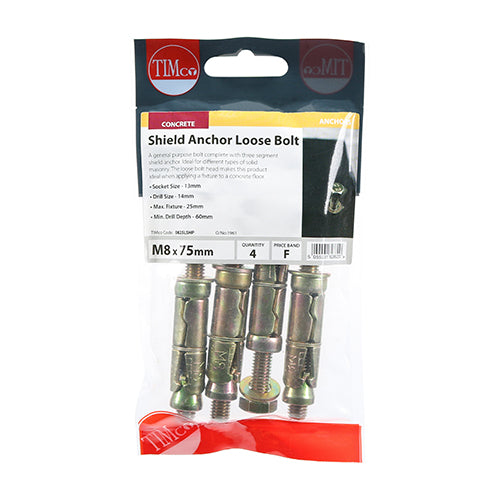 Timco Shield Anchor Carbon Steel Zinc Plated Loose Bolts Yellow M8 x 75mm Pack of 4 0825LSHP | Socket Size - 13mm