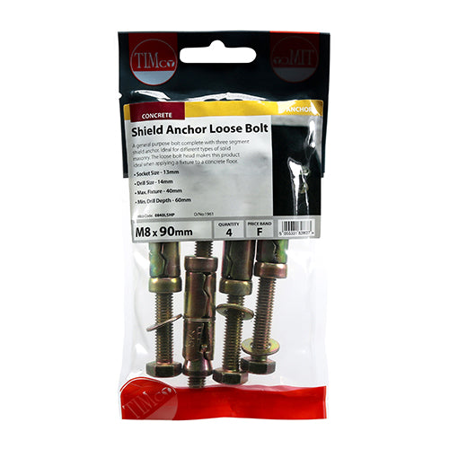 Timco Shield Anchor Carbon Steel Zinc Plated Loose Bolts Yellow M8 x 90mm Pack of 4 0840LSHP | Socket Size - 13mm