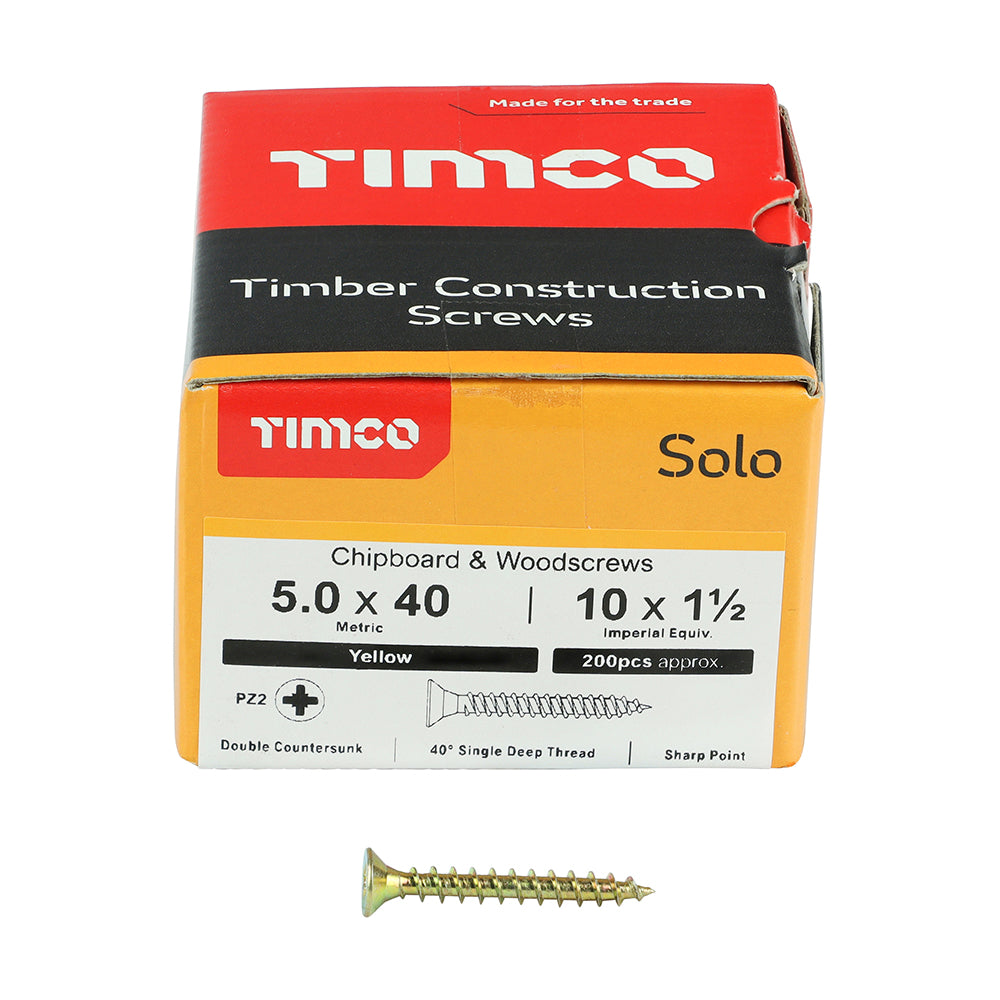 Timco Solo Zinc Plated PZ Double Countersunk Chipboard and Woodscrews Golden 5mm x 40mm Pack of 200 50040SOLOC | Driver Bit Size - PZ2