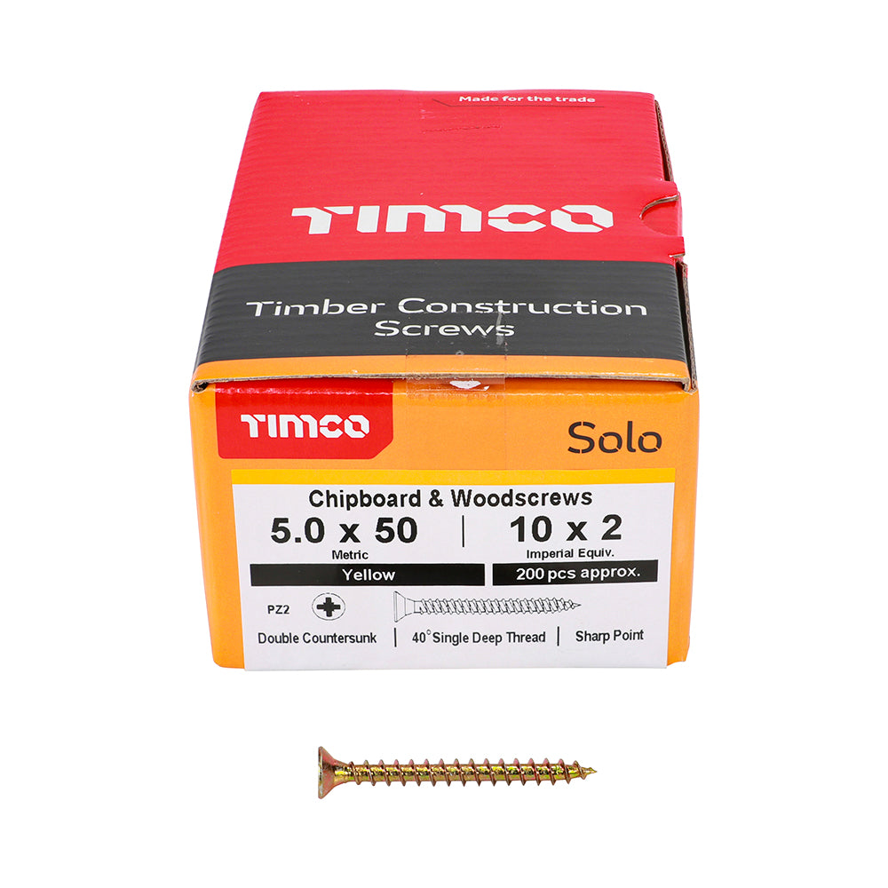 Timco Solo Zinc Plated PZ Double Countersunk Chipboard and Woodscrews Golden 5mm x 50mm Pack of 200 50050SOLOC | Driver Bit Size - PZ2