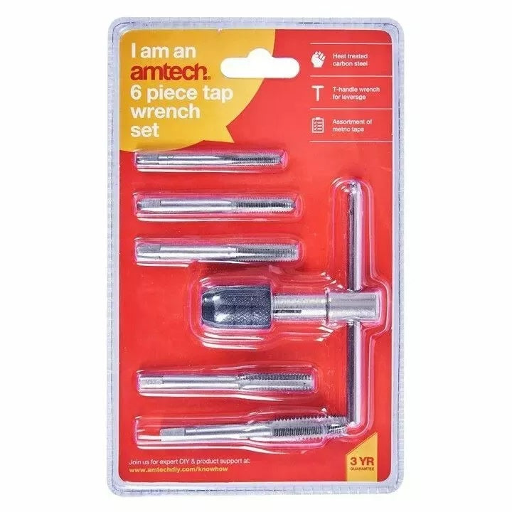 Amtech Tap Wrench Set Metallic Silver Pack of 6 S1470 | Heat Treated Carbon Steel | T-Handle Wrench for Leverage | Assortment of Metric Taps