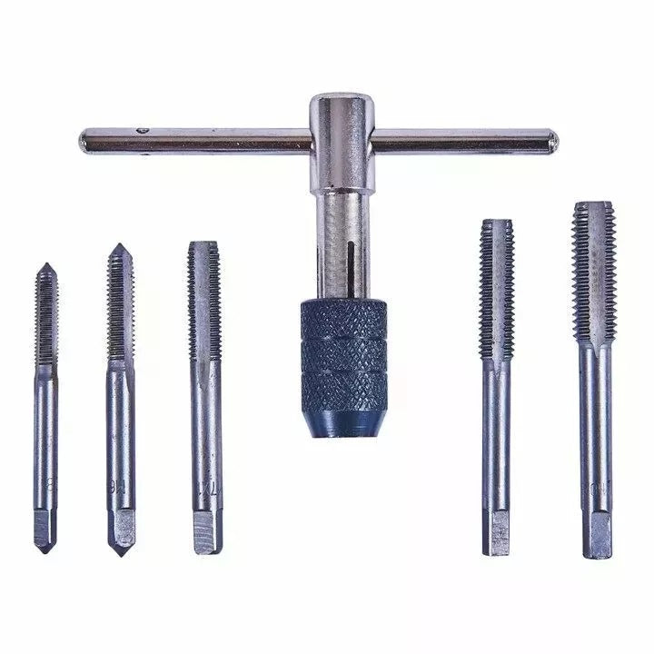 Amtech Tap Wrench Set Metallic Silver Pack of 6 S1470 | Heat Treated Carbon Steel | T-Handle Wrench for Leverage | Assortment of Metric Taps