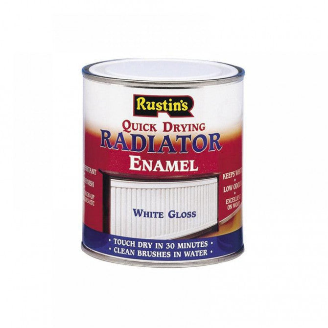 Rustins Quick Drying Radiator Enamel Paint White Gloss 500ml RADG500 | Excellent on Wood | Touch Dry in 30-Minutes | Low Odour | Heat-resistant