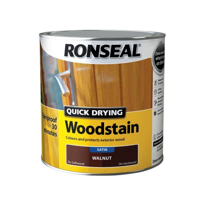 Ronseal Quick Drying Woodstain Paint Satin Finish Walnut 250ml 9477 | Waterproof and Protects Exterior Wood | Resists Cracking â€“ Peeling and Blistering | For Softwood and Hardwood | Rainproof in 30-Minutes