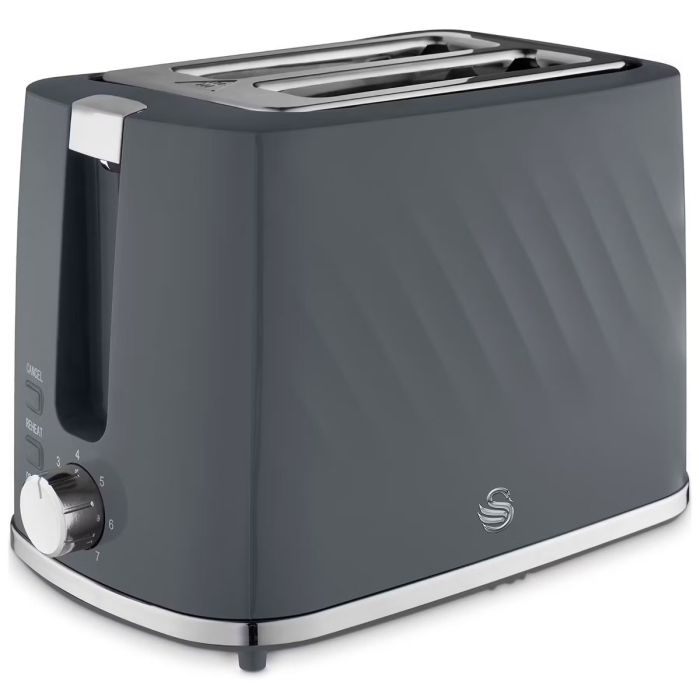 Swan Windsor 2 Slice Textured Toaster Gloss Finish with Chrome Accents Grey 29.7cm x 16.8cm x 18.6cm PO288627 | 900W | Reheat Function | Defrost Function | Removable Trays | With 7 Browning Levels