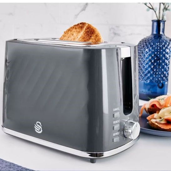 Swan Windsor 2 Slice Textured Toaster Gloss Finish with Chrome Accents Grey 29.7cm x 16.8cm x 18.6cm PO288627 | 900W | Reheat Function | Defrost Function | Removable Trays | With 7 Browning Levels