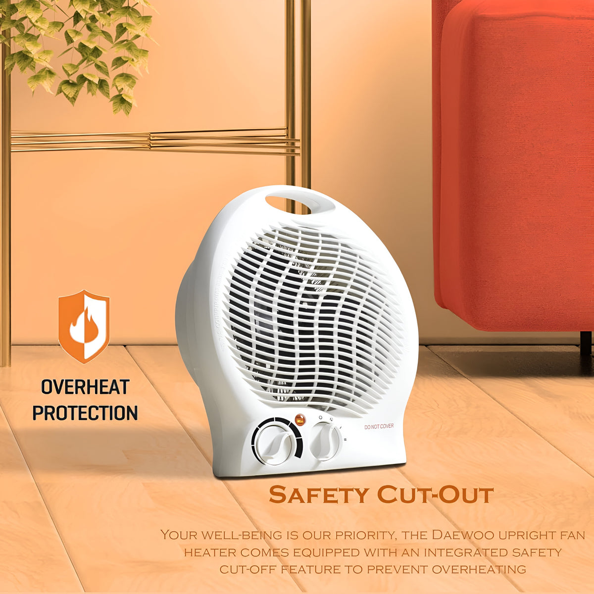 Daewoo Upright Fan Heater White 2000W H26.5cm x W22.5cm x D12.5cm HEA1926 | Instant Heat | 2 Heat Settings | Thermostat Control | Fan Mode | Safe and Secure | Easy Carry Handle | Ideal for Small Sized Rooms | Power Indicator Light | Overheat Thermal Cut