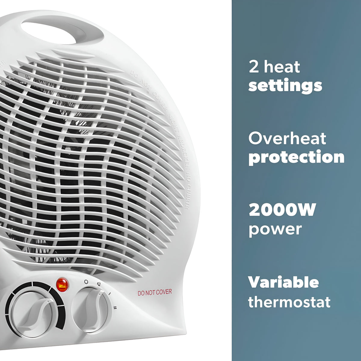 Daewoo Upright Fan Heater White 2000W H26.5cm x W22.5cm x D12.5cm HEA1926 | Instant Heat | 2 Heat Settings | Thermostat Control | Fan Mode | Safe and Secure | Easy Carry Handle | Ideal for Small Sized Rooms | Power Indicator Light | Overheat Thermal Cut