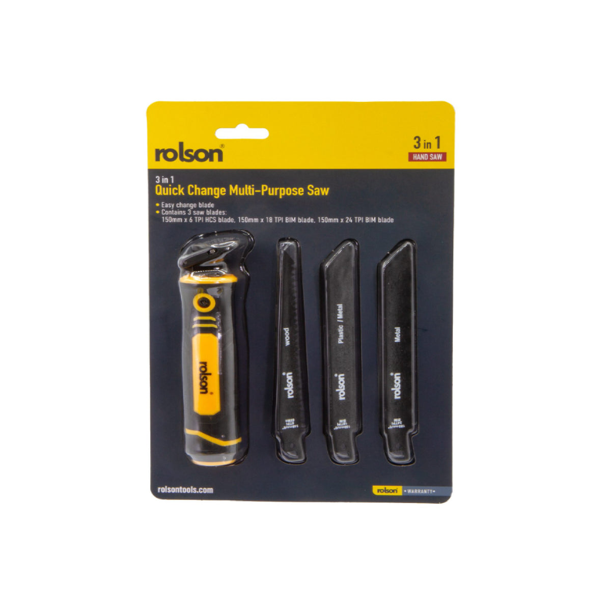 Rolson 3-in-1 Quick Change Multi-Purpose Saw Black and Yellow 58304-T1 | Easy Change Blade | Contains 3 Saw Blades | Quick Release Cushion Grip Handle