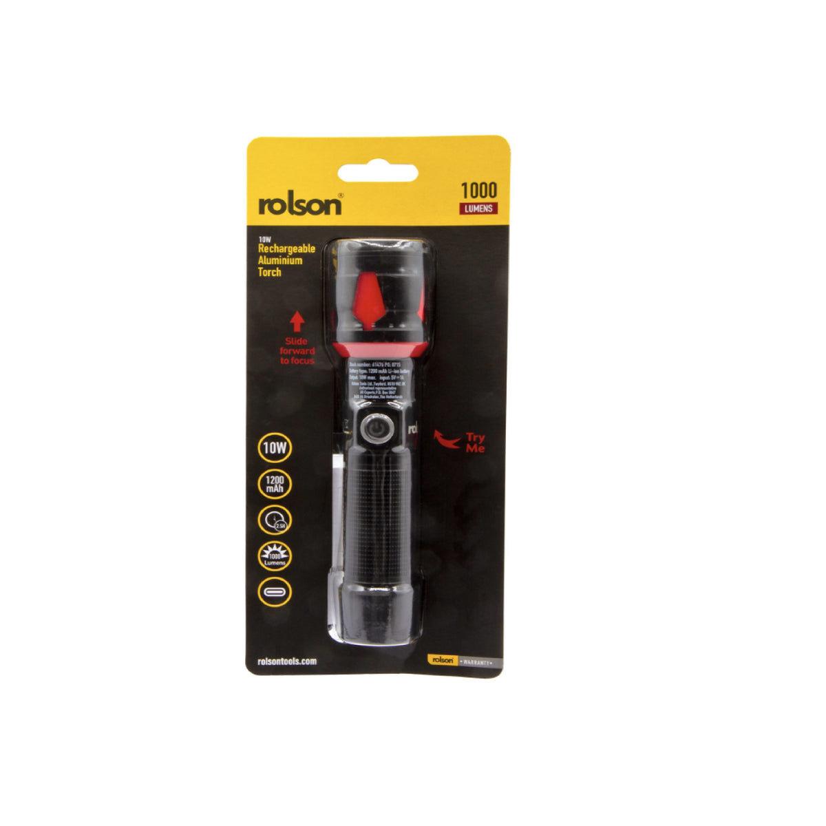Rolson Rechargeable Aluminium Focus Torch Assorted Colours 10W 160mm x 38mm x 33mm Pack of 1 61476-H1 | Brightness - 1000 Lumens | Light Modes - High/Low/flash/Off | 1200 mAh li-on Battery | Charge Time - 5 Hours | Run Time - 2.5 Hours | Supplied with Type - C USB Charging Cable