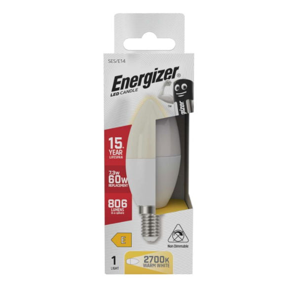 Energizer SES-E14 LED Non-Dimmable Candle Bulb 60W White 107mm x 37mm S17359 | 806 Lumens | 2700K Warm White | 15000Hr Lifespan | Energy Efficient Light Bulb | Mercury Free | 15 Years Lifespan | Energy Rating E