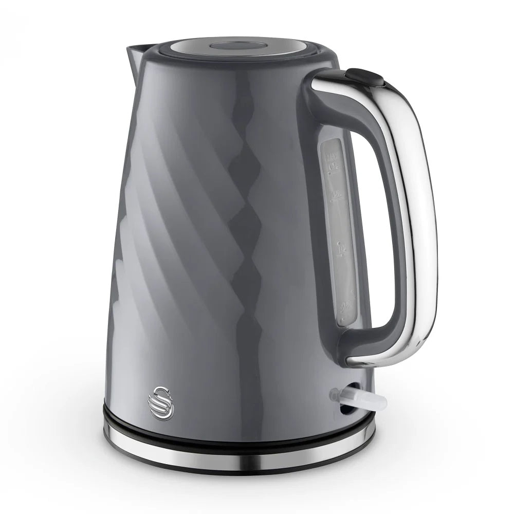Swan Windsor Textured Jug Kettle Gloss Finish with Chrome Accents Grey 1.7Ltr | 3kW Rapid Boil Electric Kettle with Boil-Dry Protection | Push-Button Lid | Water Level Indicator