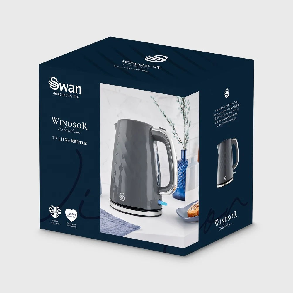 Swan Windsor Textured Jug Kettle Gloss Finish with Chrome Accents Grey 1.7Ltr | 3kW Rapid Boil Electric Kettle with Boil-Dry Protection | Push-Button Lid | Water Level Indicator